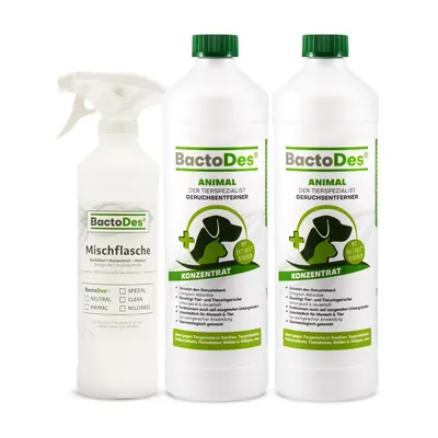 Produktbild von BactoDes Animal Geruchsneutralisierer Geruchsentferner 2x1 Liter Flasche inkl. Mischflasche für Tiergerüche