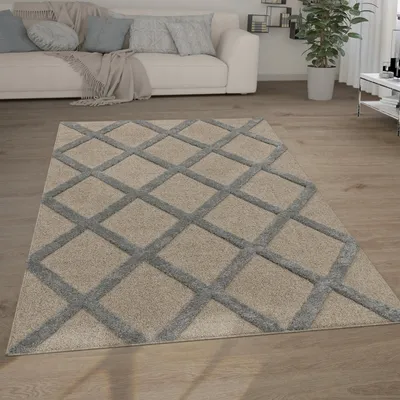 Produktbild von Paco Home Hochflor Teppich Wohnzimmer Shaggy 3D Optik Skandinavisches Muster Raute Weich 80x150 cm