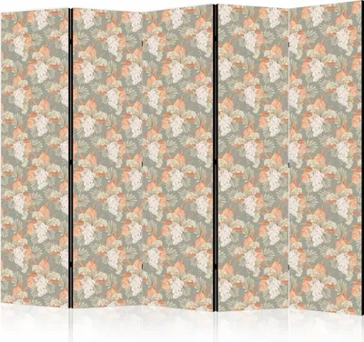 Produktbild von 5-teiliger Doppelseitiger Vlies Paravent - Little Bouquets - Exotic Flowers and Leaves on a Gray-Green Background 225x172 cm Blumen b-B-10448-z-b