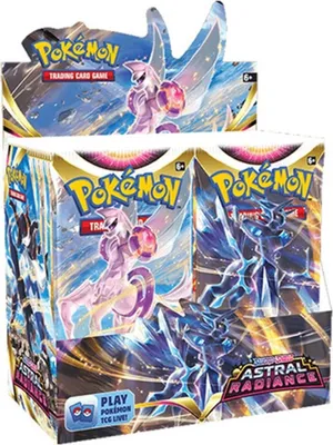 A booster box of Pokemon Astral Radiance trading cards, featuring artwork of Pokemon characters.