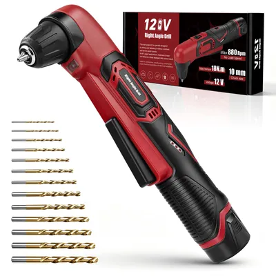 Produktbild von Akku Winkelbohrmaschine Winkelbohrer 12V, 90° Winkelkopf für Enge Bereiche, 18 N·m, 10mm Spannfutter, 2-Gang-Getriebe, LED-Licht, inkl. 13 Bohrbits