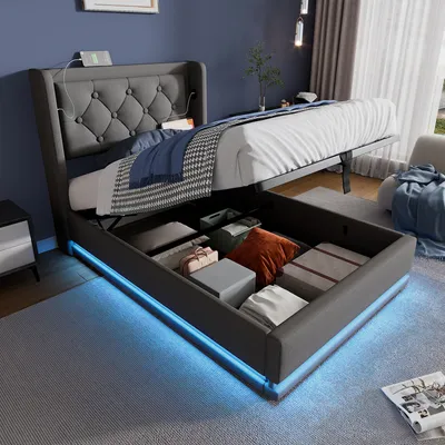 Produktbild von okwish Boxspringbett Polsterbett 90 x 200 cm mit Kopfteil mit USB-Ladeanschluss und LED-Beleuchtung, Hydraulisches Stauraumbett mit Bettkasten Stauraum(Ohne Matratze)- Grau