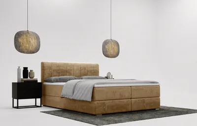 Produktbild von Boxspringbett mit Matratze 180x200 Forte - Doppelbett, Kontinentalbett, Schlafzimmerbett - Samtstoff & Bettkasten - Beige (Amor Velvet 4302)