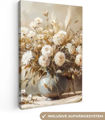 Produktbild von MuchoWow® - Leinwandbilder - Blumen - Vase - Stilleben - Beige, Wandbild, Wanddeko Bilder Wohnzimmer, 80x120 cm