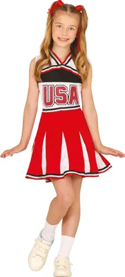 A young girl wearing a cheerleading outfit.