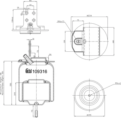 Produktbild von FEBI BILSTEIN Luftfederbalg Federbalg 109316 Hinten für IVECO EuroCargo I-III 190mm 500mm 234mm 175mm