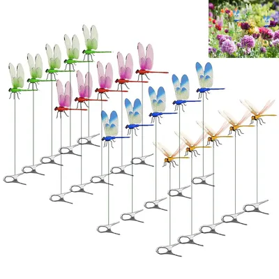 Produktbild von 12er Set 3D Libellen Clips Garten Deko, farbig, wetterfest, realistisch, zur Vogel- & Insektenabschreckung, für Garten, Terrasse & Balkon