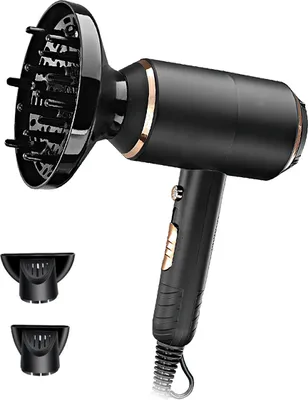 A black hairdryer with a diffuser attachment and two smaller nozzle attachments, displayed against a white background.