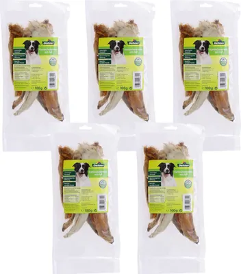 Produktbild von Dehner Lieblinge Hundesnack, Leckerli 100 % natürlich, Kausnack für ernährungssensible Hunde, Kaninchenohren mit Fell, 5 x 100 g (500 g)