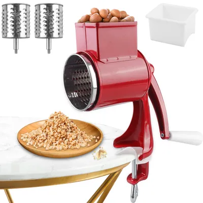 Produktbild von Manuelle Nussmühle mit 2 abnehmbaren Trommelblättern, Edelstahl Gemüsehobel, Manuelle Erdnussmühle mit Kurbel, Nussreibe, Mandelmühle, Kartoffelreibe