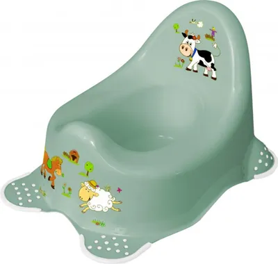 A green baby potty with cartoon farm animal decals.