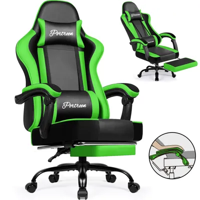 Produktbild von Portreen Gaming Stuhl,Bürostuhl, gamingsessel,bürostuhl ergonomisch mit Kopfstütze Lumenkissen, gepolstert, Fußstütze gamingstuhl, 150 kg gamer stuhl