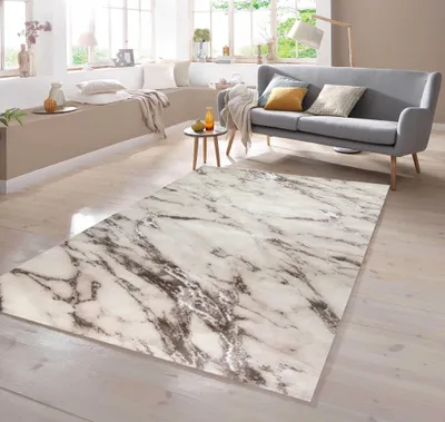 Image de Tapis aspect marbre, couleur crème-beige, dimensions : 80 x 300 cm