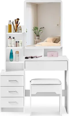 Image de CLIPOP Coiffeuse,87x40x144cm Ensemble coiffeur,Coiffeuse avec miroir et tabouret,4 tiroirs table de maquillage