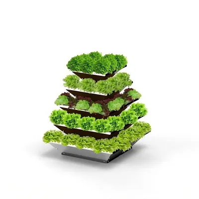 A tiered vertical garden system filled with various types of lettuce.
