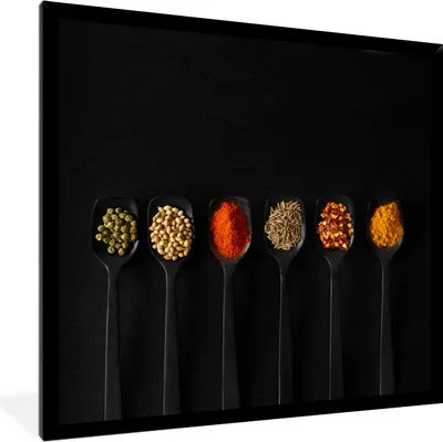 Produktbild von MuchoWow® Gerahmtes Poster Löffel - Gewürze - Schwarz - Gewürze - Rustikal 40x40 cm - Poster mit Schwarzem Bilderrahmen Wandposter Rahmen Foto Bilder - Mit Rahmen - Wanddekoration Schlafzimmer