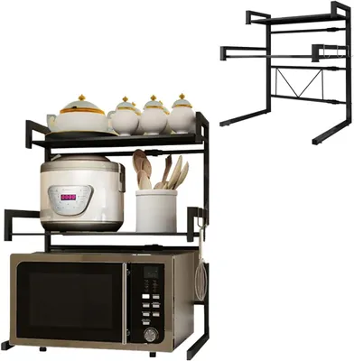 Image de Étagère réglable pour micro-ondes, de 44 à 60 cm, pour cuisine, en métal, de couleur noire