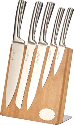 Imagen del producto de Silecomplaza 18521: Bloque para cuchillos de bambú con 5 cuchillos de acero inoxidable