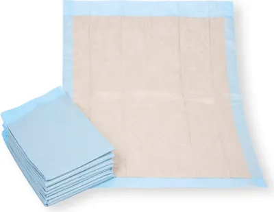 A stack of light blue incontinence pads and one pad spread out on a white background.