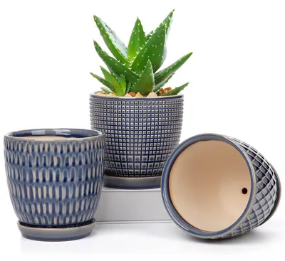 Zdjęcie produktu dla Zestaw 3 doniczek ceramicznych z podstawką, średnica 11,2 cm, idealne do sukulentów i kaktusów, do użytku wewnątrz i na zewnątrz