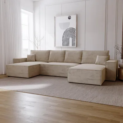A modern living room with a large U-shaped sectional sofa.
