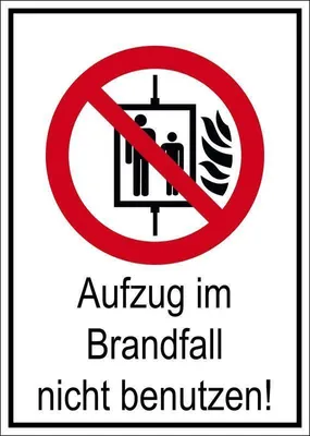 Produktbild von Verbotsschild "Aufzug im Brandfall nicht benutzen", für Innen- und Außenbereiche, in verschiedenen Größen und Materialien verfügbar, Maße 13,1 x 18,5 cm, Material PVC-Folie, Techn. Eigenschaften selbstklebend, langnachleuchtend, Verpackungseinheit: 1 STK