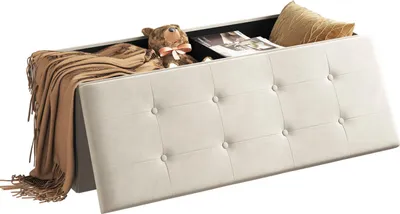 Produktbild von WOLTU Sitzhocker mit Stauraum Sitzbank faltbar Aufbewahrungsbox, Deckel abnehmbar, Sitzfläche aus Samt, 110x37,5x38 cm Cremeweiß