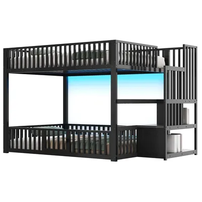 Produktbild von Etagenbett mit 1 Lattenrost, RGB LED-Streifen, Rausfallschutz und Tür, Treppe mit Regal, Kinderbett, Metallbett, 140x200 cm