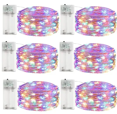 LED-Lichterkette 6er Set, 2 m, 20 LEDs, Timer, Kupferdraht, bunt