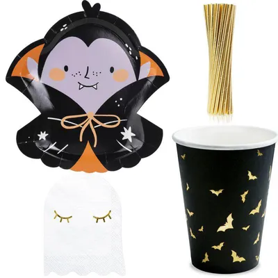 Produktbild von Dracula Halloween Partyset 56 tlg. für 12 Kinder Fledermaus schwarz
