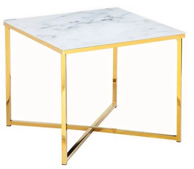 Zdjęcie produktu dla Stolik boczny SalesFever kwadratowy | szklany blat laminowany o wyglądzie marmuru | metalowa rama | szer. 50 x gł. 50 x wys. 42 cm | biało-złoty