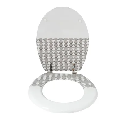 A toilet seat lid and seat are shown from the front, open.