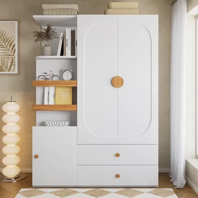 Immagine prodotto di Armadio Merax con 2 cassetti e ripiani aperti, armadio per bambini con asta appendiabiti, armadio guardaroba con spazio contenitivo, armadio multifunzionale, bianco
