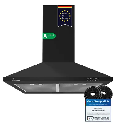 Produktbild von KKT KOLBE Dunstabzugshaube Wandhaube PLUS350S 60 cm Schwarz Leise, Umluft, Abluft, Pyramide, Druckknopf-Bedienung, 3 Leistungsstufen, LED-Beleuchtung, Abzugshaube inkl. Kohlefilter, KI-generiertes Bild
