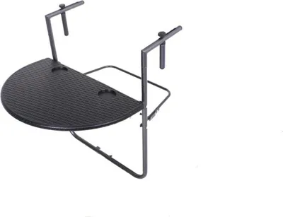 A black balcony table with a rattan-like texture, designed to hang on a railing.
