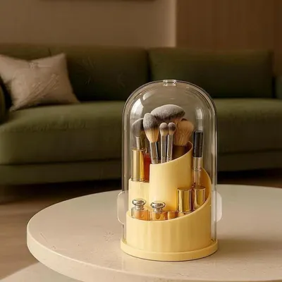 Image de Porte-pinceaux de maquillage rotatif à 360°, organiseur de cosmétiques rotatif avec couvercle transparent anti-poussière pour pinceaux de maquillage