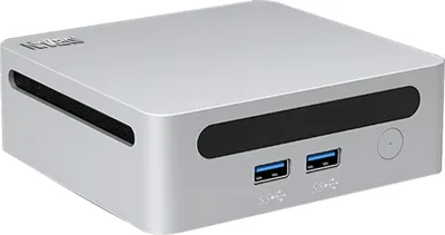 A silver mini PC is shown from a three-quarter front angle against a light gray background.