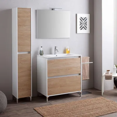 Immagine prodotto di Mobile bagno a terra da 80cm bianco con lavabo e cassetti rovere | Laguna