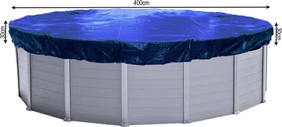 A round pool cover is shown on top of an above-ground pool. Dimensions are indicated.