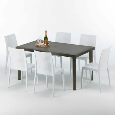 Produktbild von Polyrattan Tisch Rechteckig mit 6 Bunten Stühlen 150x90 Braun Focus