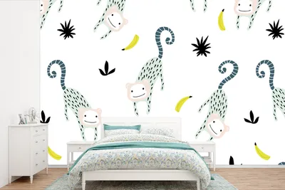 Produktbild von MuchoWow® Fototapete für Wohnzimmer oder Schlafzimmer Wandtapete Vinyl Motivtapete Affen - Obst - Weiß - 330x220 cm - Fototapeten