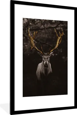 Produktbild von MuchoWow® Gerahmtes Poster Hirschgeweih gold 60x90 cm - Poster mit Schwarzem Bilderrahmen Wandposter Rahmen Foto Bilder - Dekoration - Wandposter Wohnzimmer - Hochwertig