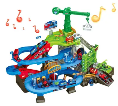 Produktbild von Interaktives Spielset mit Rennstrecke und Parkplatz zum Selberbauen fuer Kinder, mit Musik, 4 Etagen, lehrreich und unterhaltsam, Montessori-STEM, ab 3 Jahren, ZugBlau, Blau