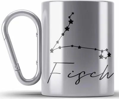 Produktbild von Trendation - Fisch Sternzeichen Edelstahl Tasse Karabiner Geschenk Horoskop Tierkreiszeichen (Silber)