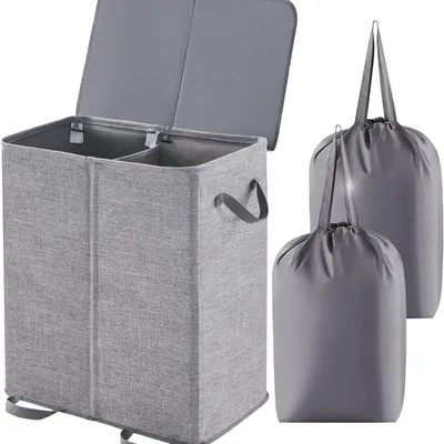 Wäschekorb 2 Kammern 140L/136L mit Deckel, Grau-M