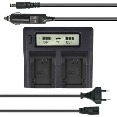 Produktbild von Dual Akku-Ladegerät kompatibel mit Panasonic DMW-BMB9E - mit USB-Anschluss, LCD-Display und Kfz-Ladekabel - Schnellladegerät