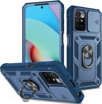 Produktbild von Redmi 10 Hülle, Schiebe Kamera Schutz Robust Schutzhülle mit Ringhalterung Ständer Kartenhalter für Xiaomi Redmi 10 Blau