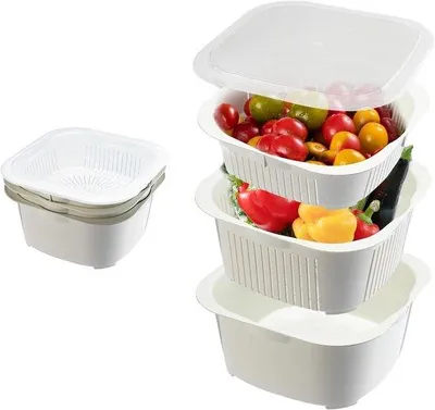 Produktbild von Kunststof Keukenvergiet 3-in-1 Multifunktionales Sieb für Lebensmittel Obst Reinigung Lagerung - Magnetron- und Geschirrspülerbeständig - Weiss