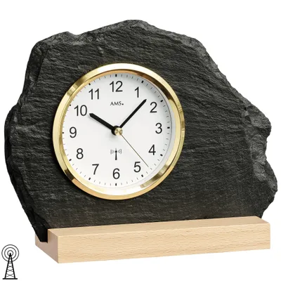 Produktbild von AMS 5115 Tischuhr Funk silbern golden Holz Buche mit Glas Schiefer Naturschiefer