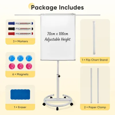 Produktbild von Flipchart Ständer - Mobiles Whiteboard 100 x 70 cm - Höhenverstellbar 157–195 cm - Magnetisch - Trocken abwischbar - Auf Rollen - Mit Kartonständer